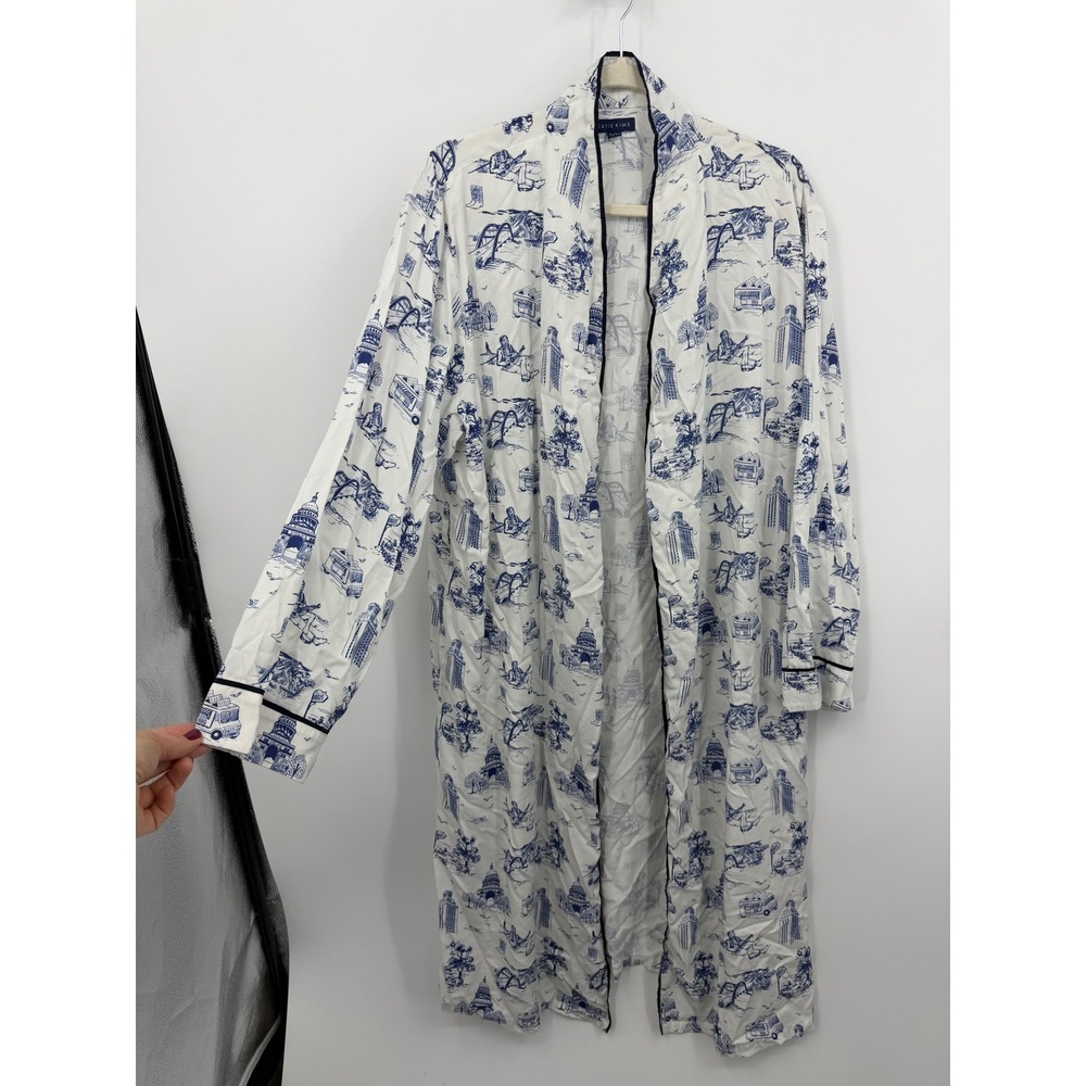 Katie Kime Austin Toile Robe Women S/M White Blue Cotton City Print Missing Belt